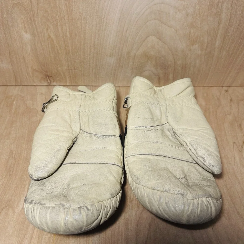 Vintage Hotfingers Leather Mittens Lined Cream Brown Chevron Zipper Skiing Women